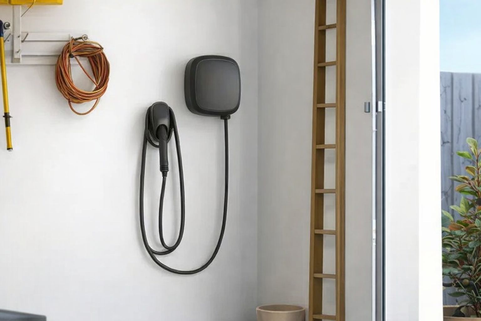 En modern svart elbilsladdare monterad på en vit garagevägg.